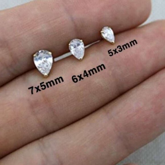 Real 14K Solid White Gold Pear Shaped Pushback Studs with White Stone 5x3mm - Picture 6 of 6